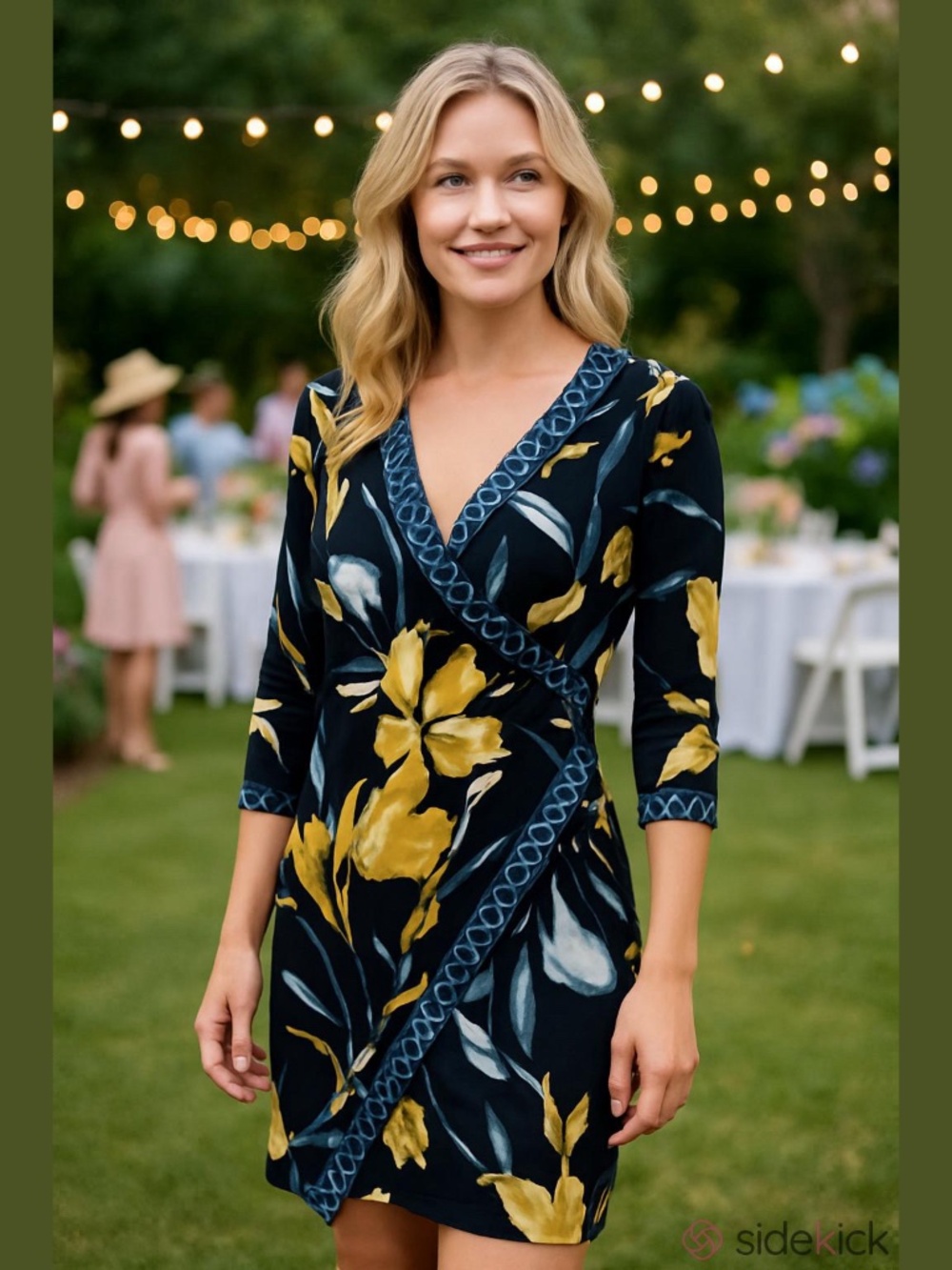 Frank Lyman design collection faux wrap dress black with yellow flowers size 10